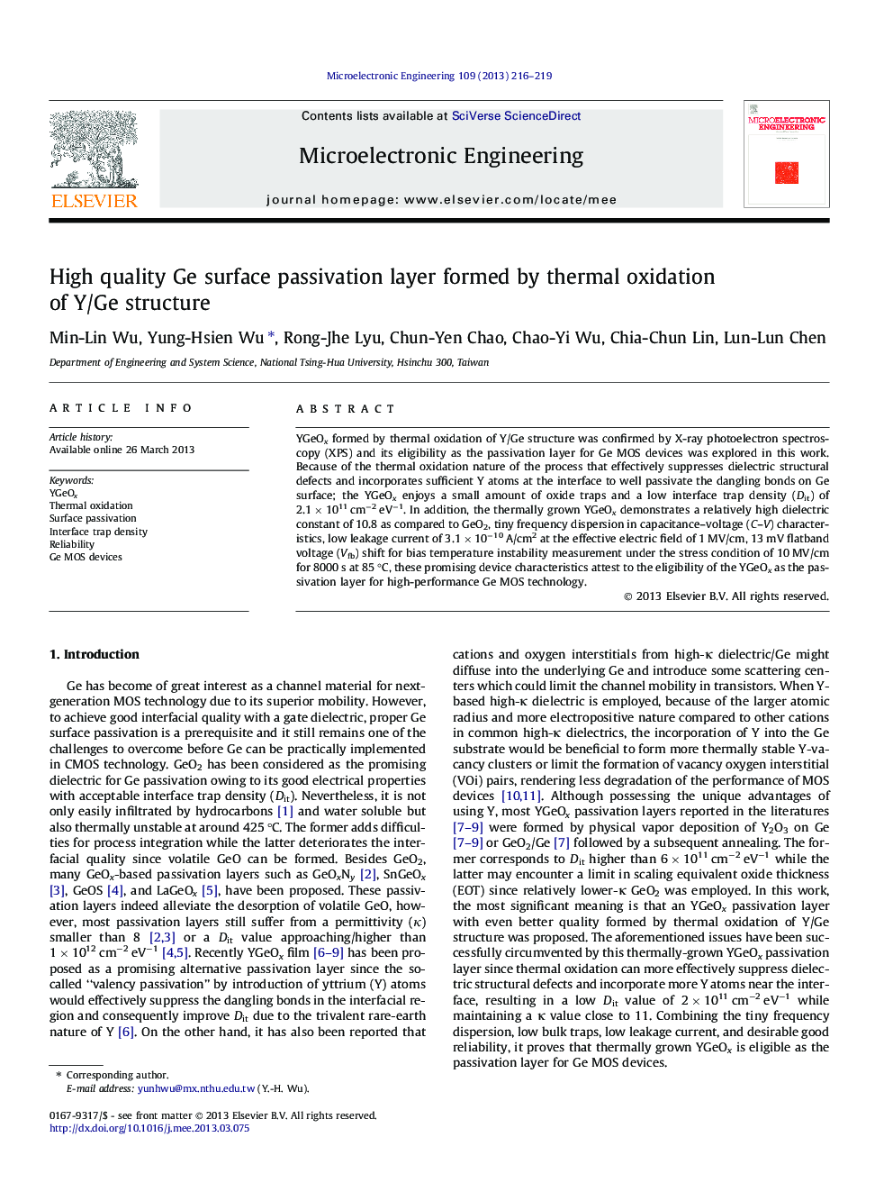 High quality Ge surface passivation layer formed by thermal oxidation of Y/Ge structure