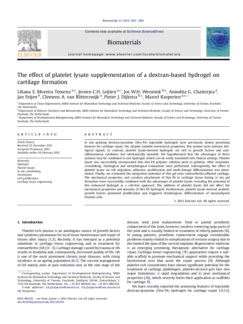 The effect of platelet lysate supplementation of a dextran-based hydrogel on cartilage formation