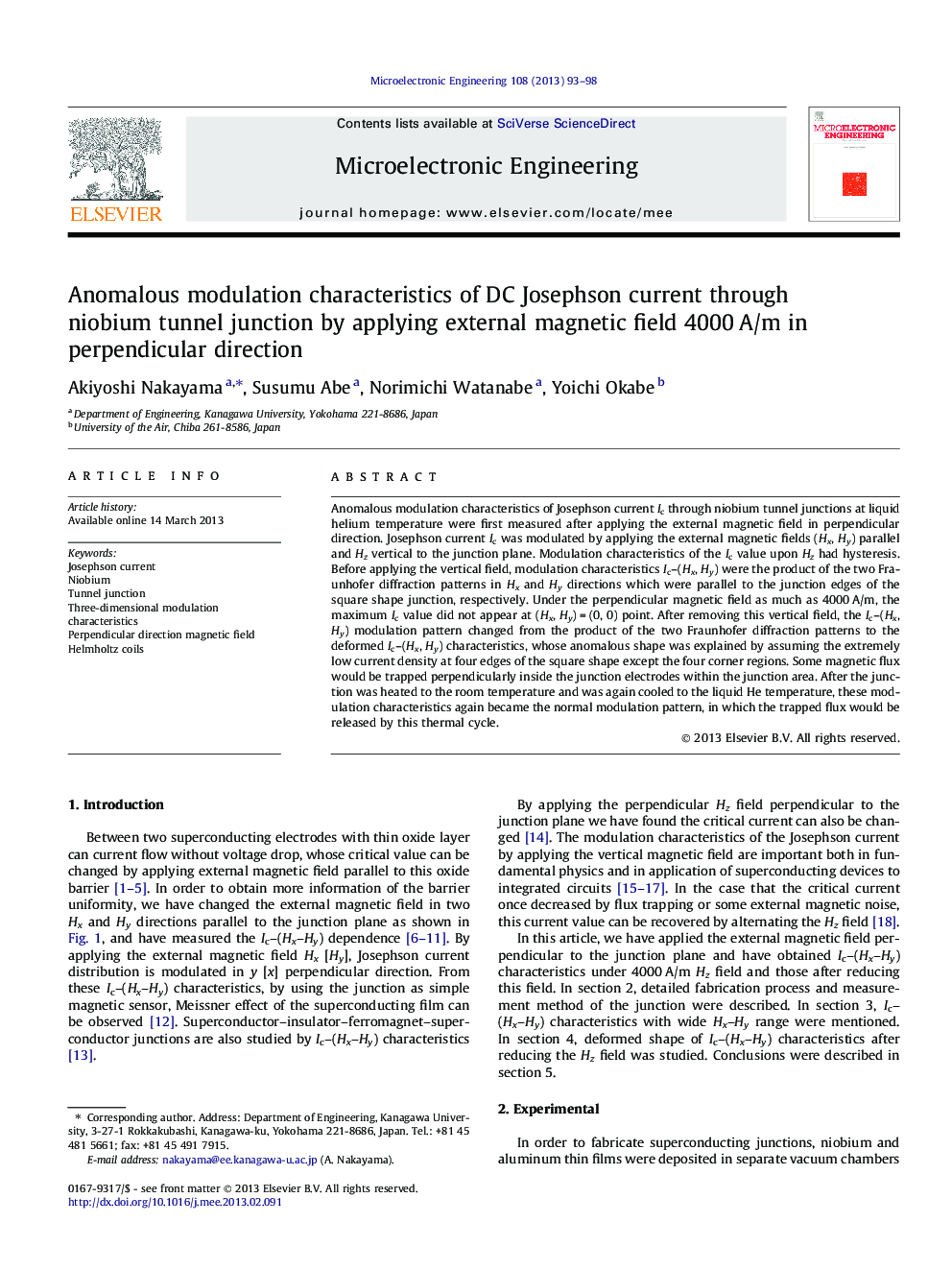 Anomalous modulation characteristics of DC Josephson current through niobium tunnel junction by applying external magnetic field 4000Â A/m in perpendicular direction