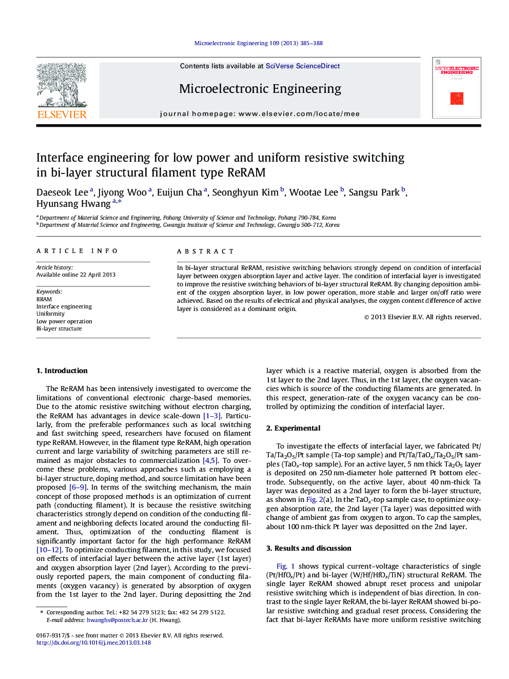 Interface engineering for low power and uniform resistive switching in bi-layer structural filament type ReRAM