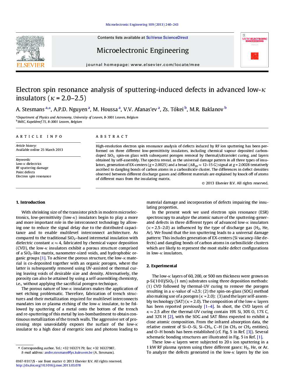 Electron spin resonance analysis of sputtering-induced defects in advanced low-Îº insulators (ÎºÂ =Â 2.0-2.5)