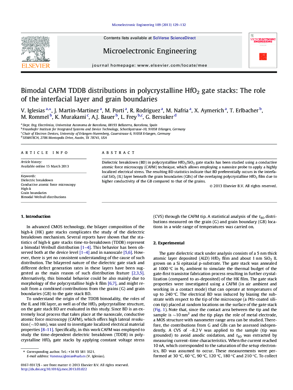 Bimodal CAFM TDDB distributions in polycrystalline HfO2 gate stacks: The role of the interfacial layer and grain boundaries