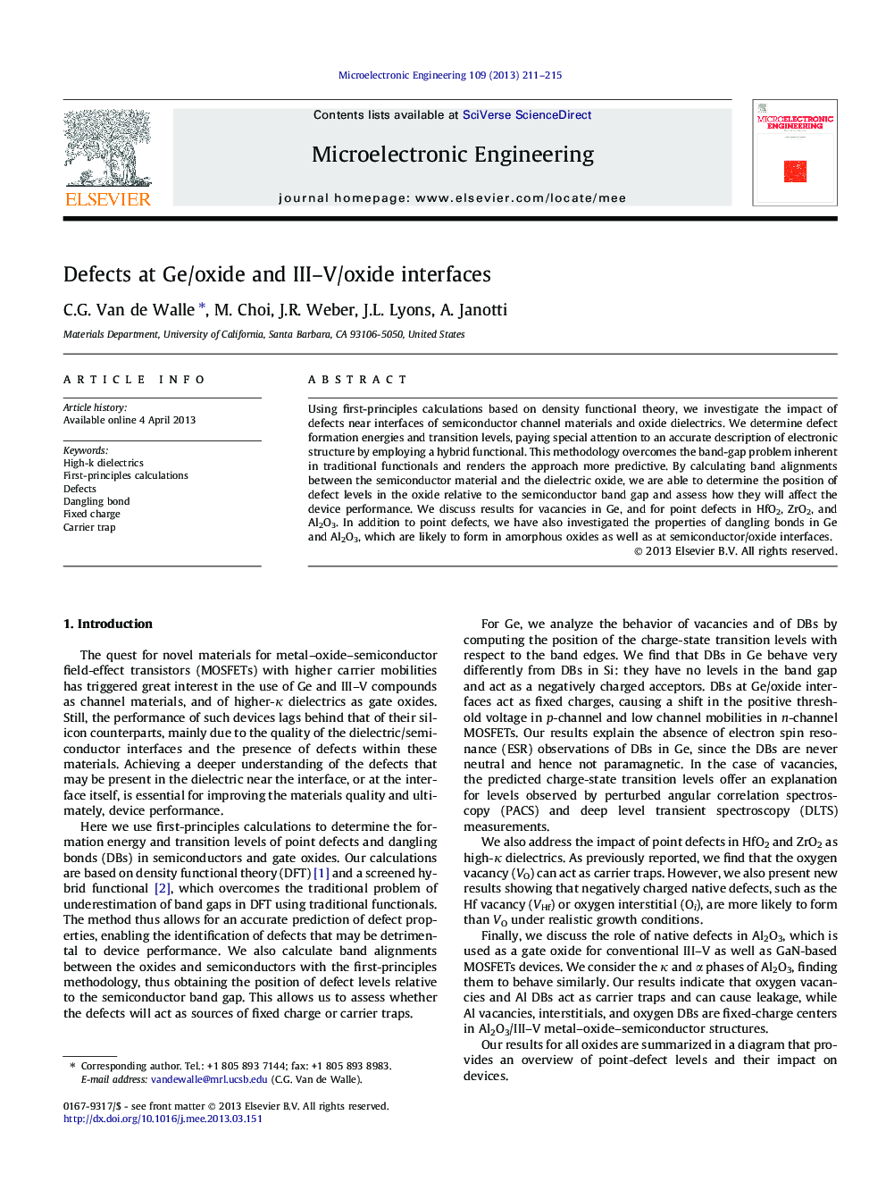 Defects at Ge/oxide and III-V/oxide interfaces