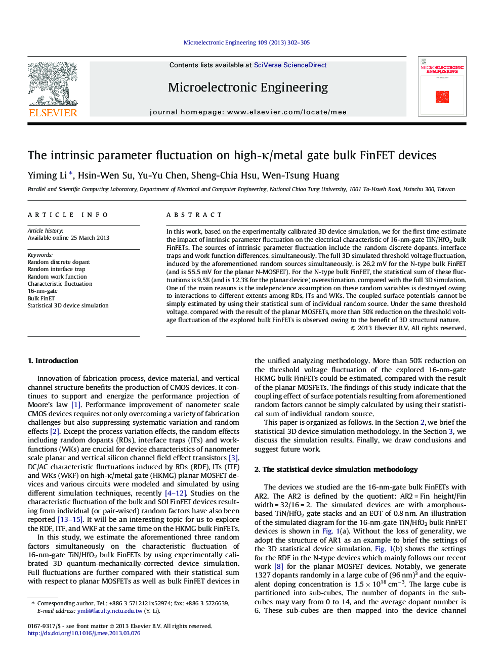 The intrinsic parameter fluctuation on high-Îº/metal gate bulk FinFET devices