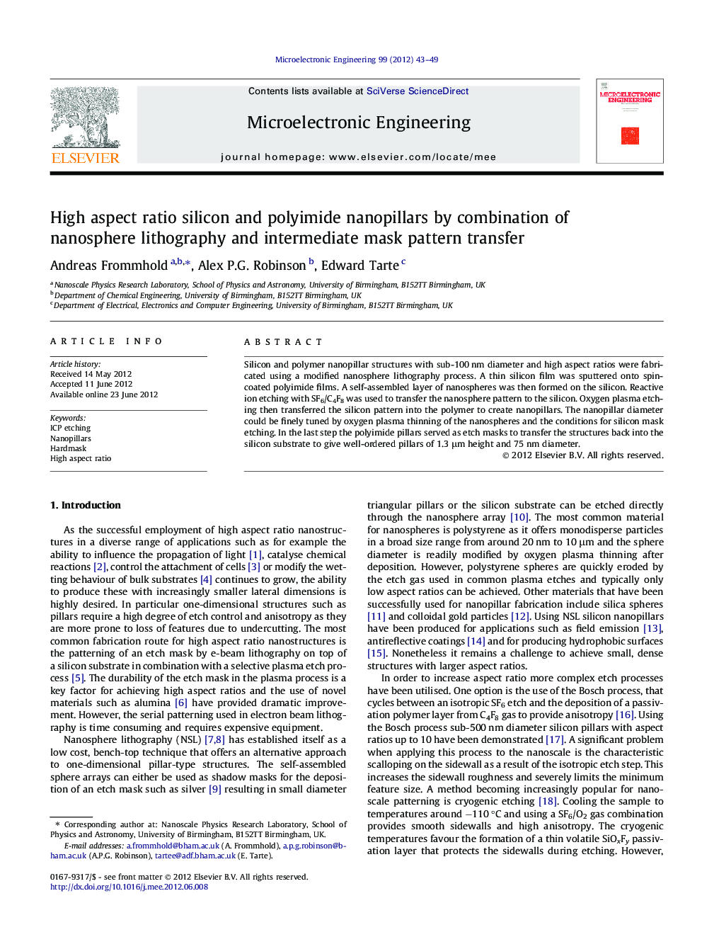 High aspect ratio silicon and polyimide nanopillars by combination of nanosphere lithography and intermediate mask pattern transfer