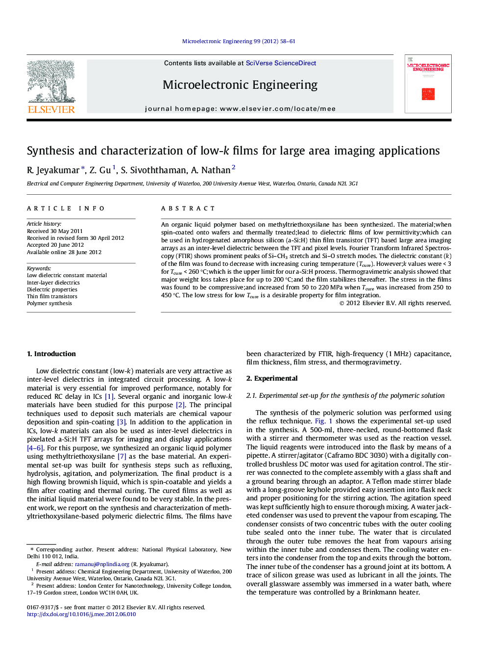 Synthesis and characterization of low-k films for large area imaging applications