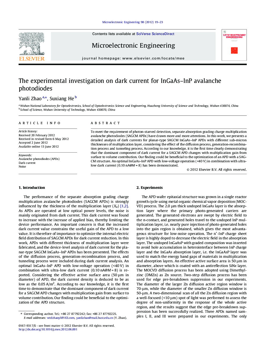 The experimental investigation on dark current for InGaAs-InP avalanche photodiodes