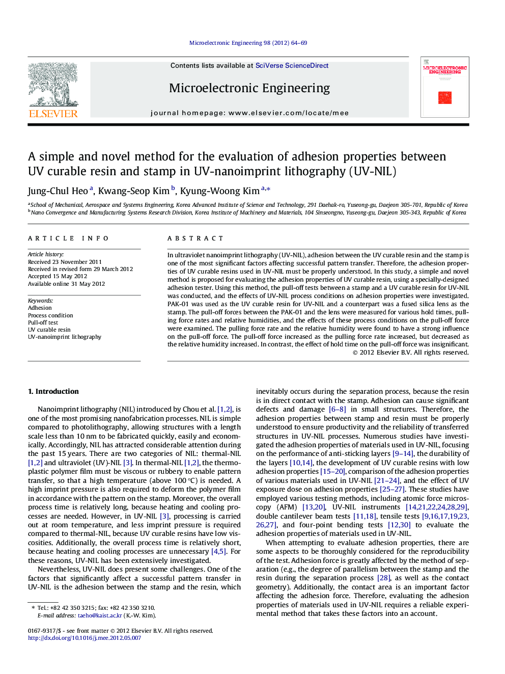 A simple and novel method for the evaluation of adhesion properties between UV curable resin and stamp in UV-nanoimprint lithography (UV-NIL)