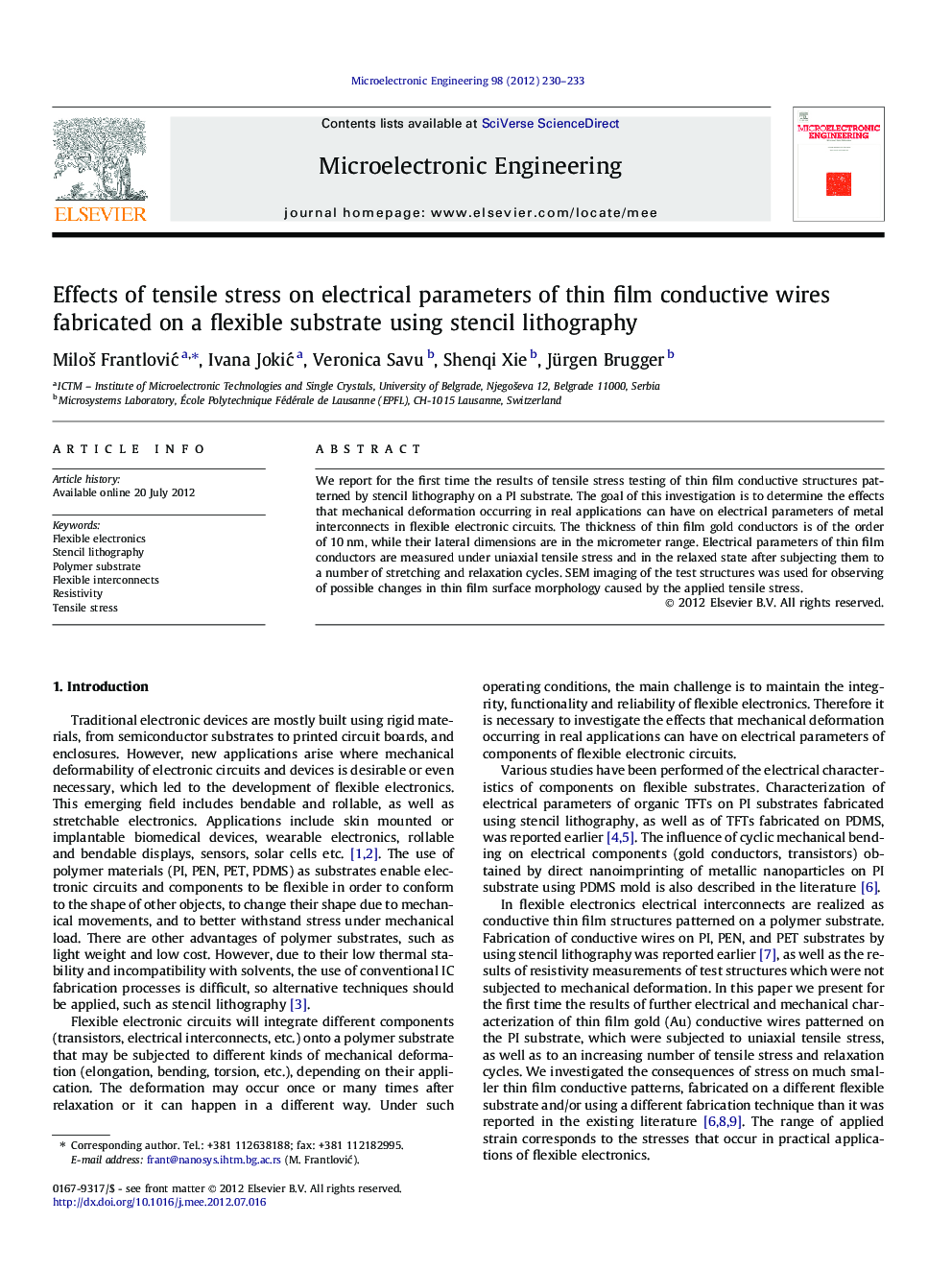 Effects of tensile stress on electrical parameters of thin film conductive wires fabricated on a flexible substrate using stencil lithography