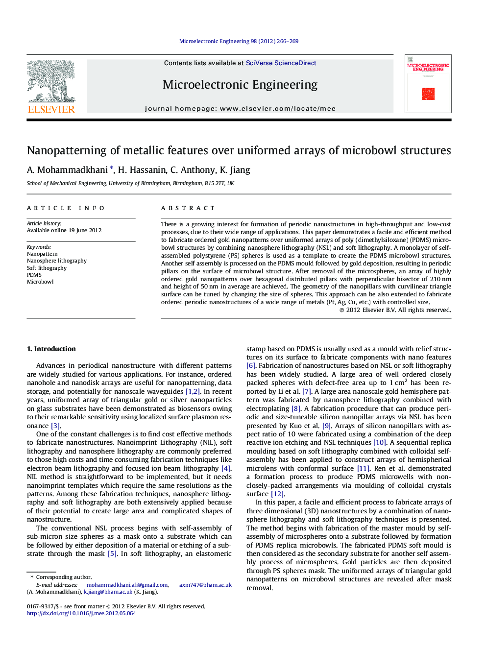 Nanopatterning of metallic features over uniformed arrays of microbowl structures