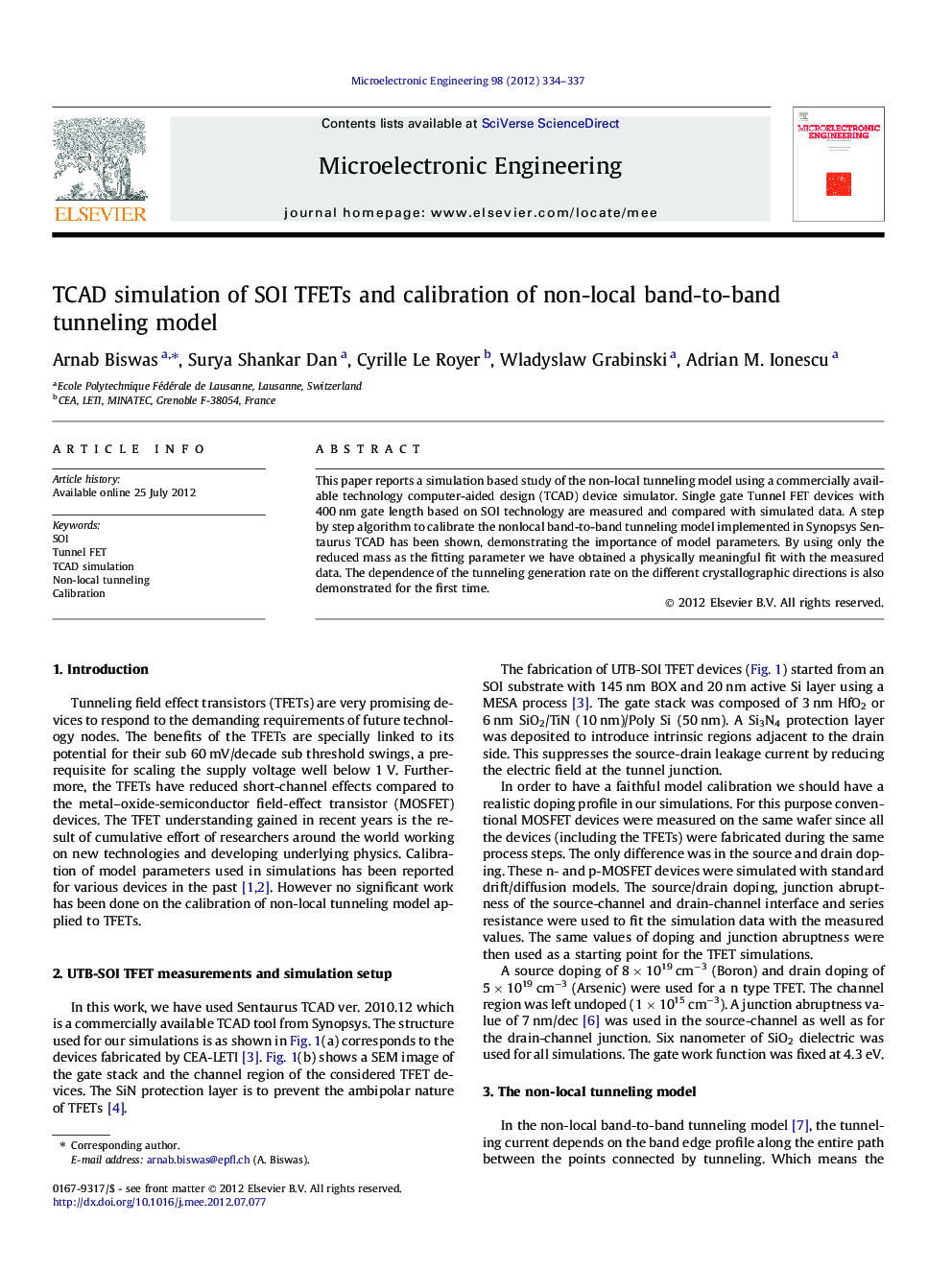 TCAD simulation of SOI TFETs and calibration of non-local band-to-band tunneling model