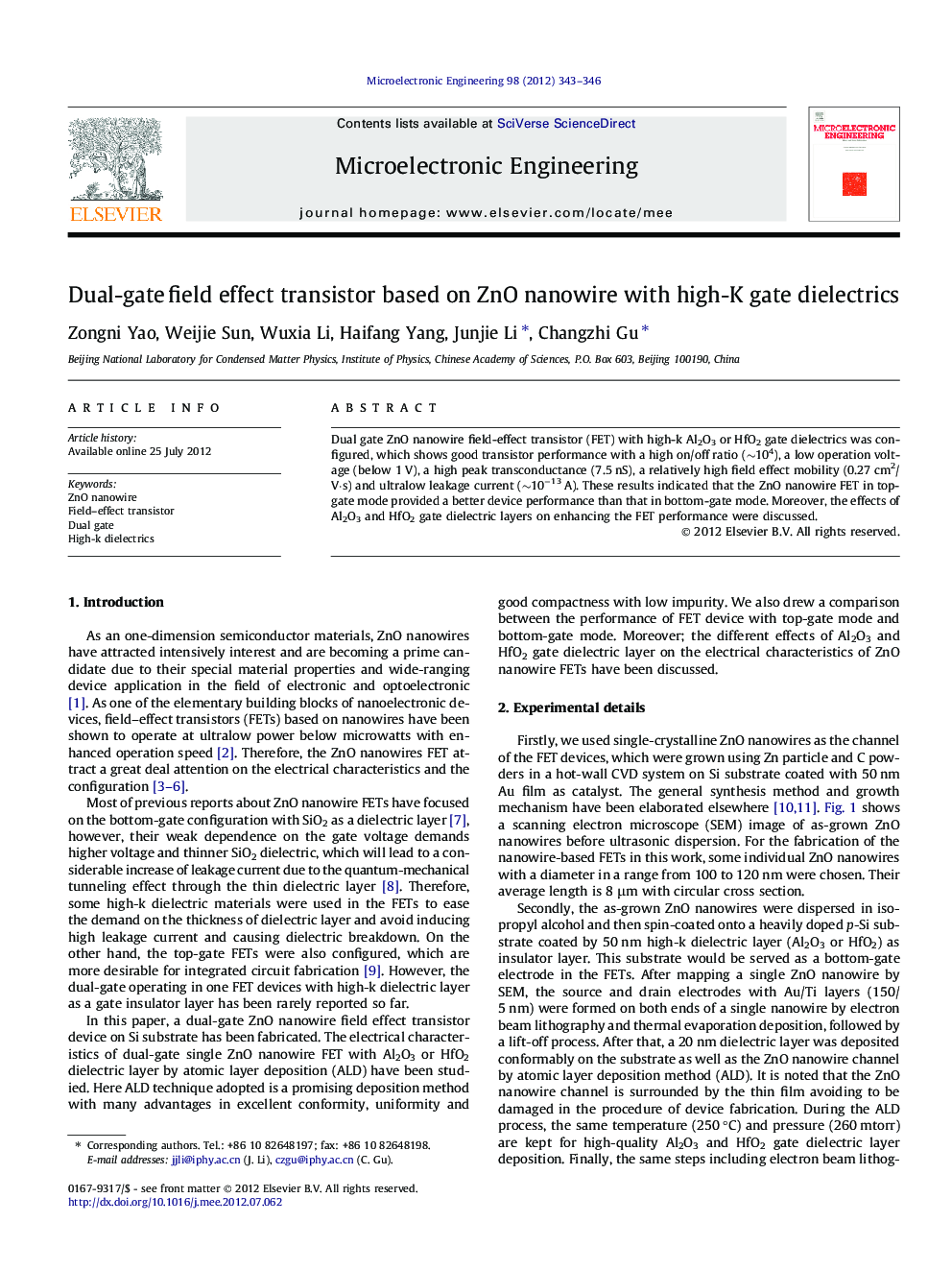 Dual-gate field effect transistor based on ZnO nanowire with high-K gate dielectrics