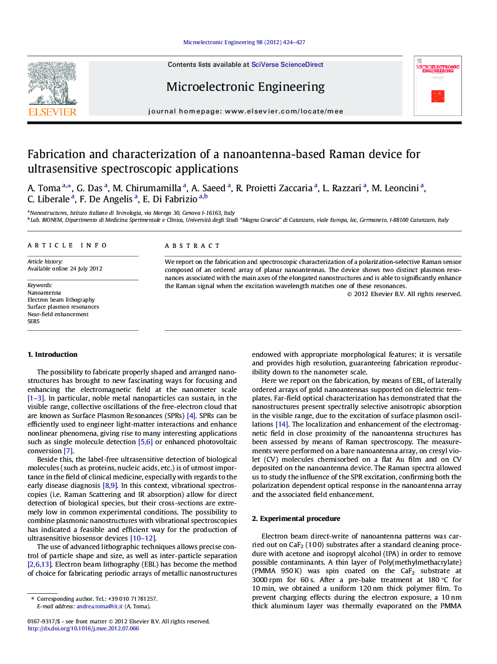 Fabrication and characterization of a nanoantenna-based Raman device for ultrasensitive spectroscopic applications