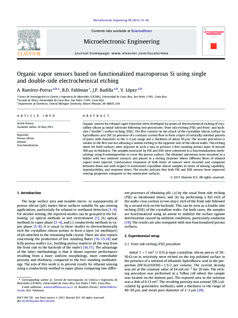 Organic vapor sensors based on functionalized macroporous Si using single and double-side electrochemical etching