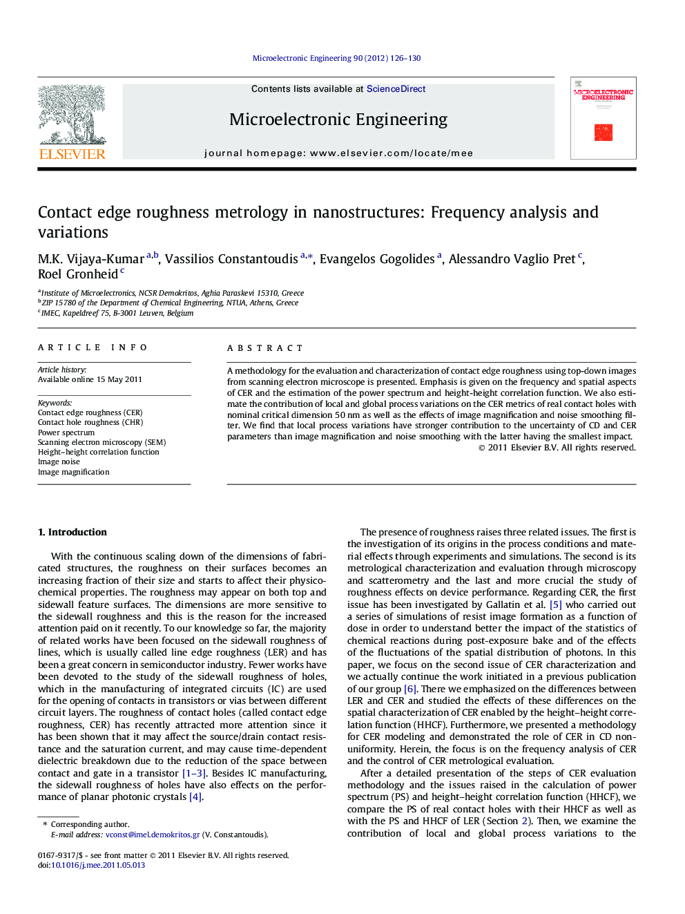 Contact edge roughness metrology in nanostructures: Frequency analysis and variations