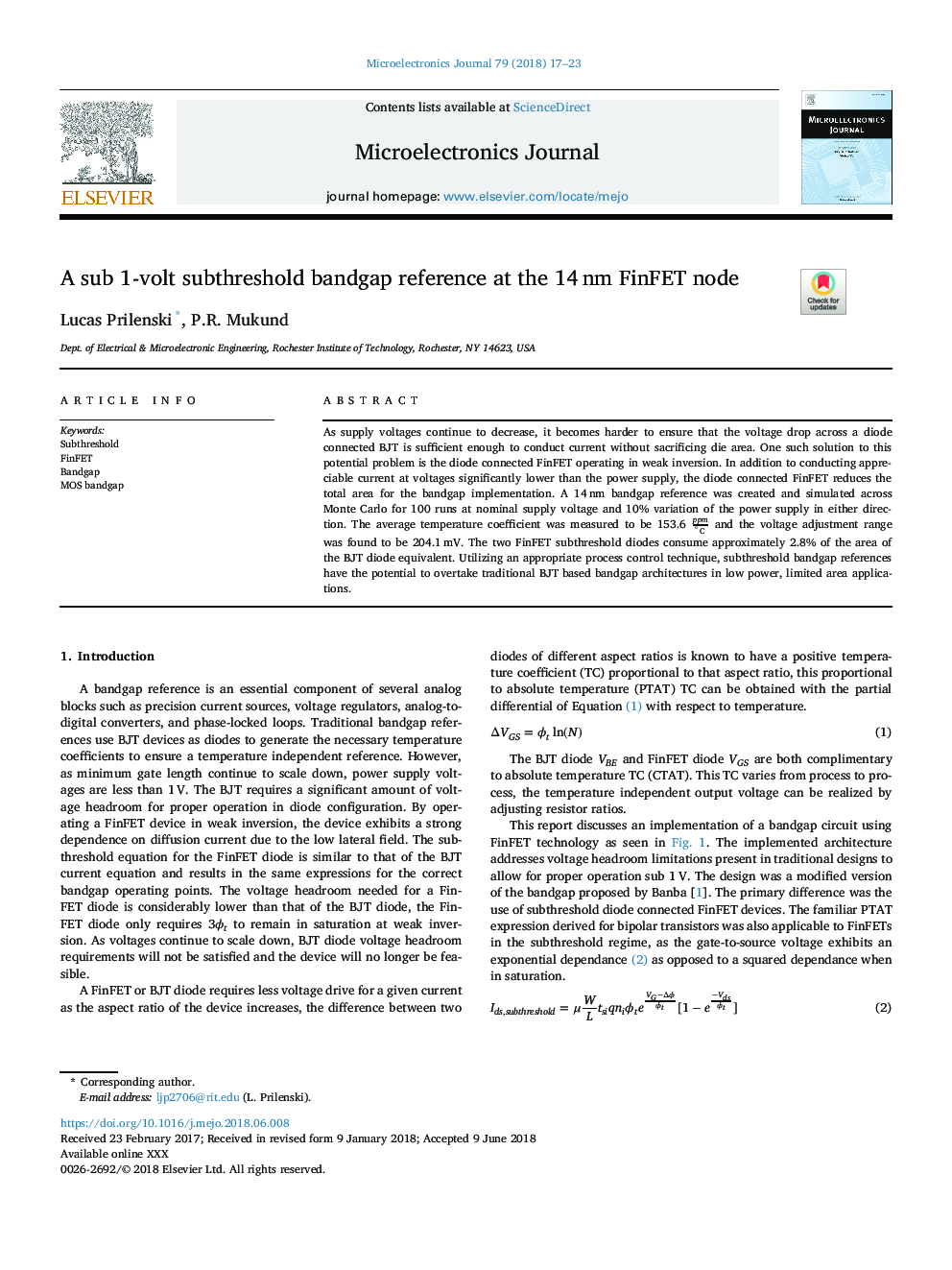 A sub 1-volt subthreshold bandgap reference at the 14â¯nm FinFET node