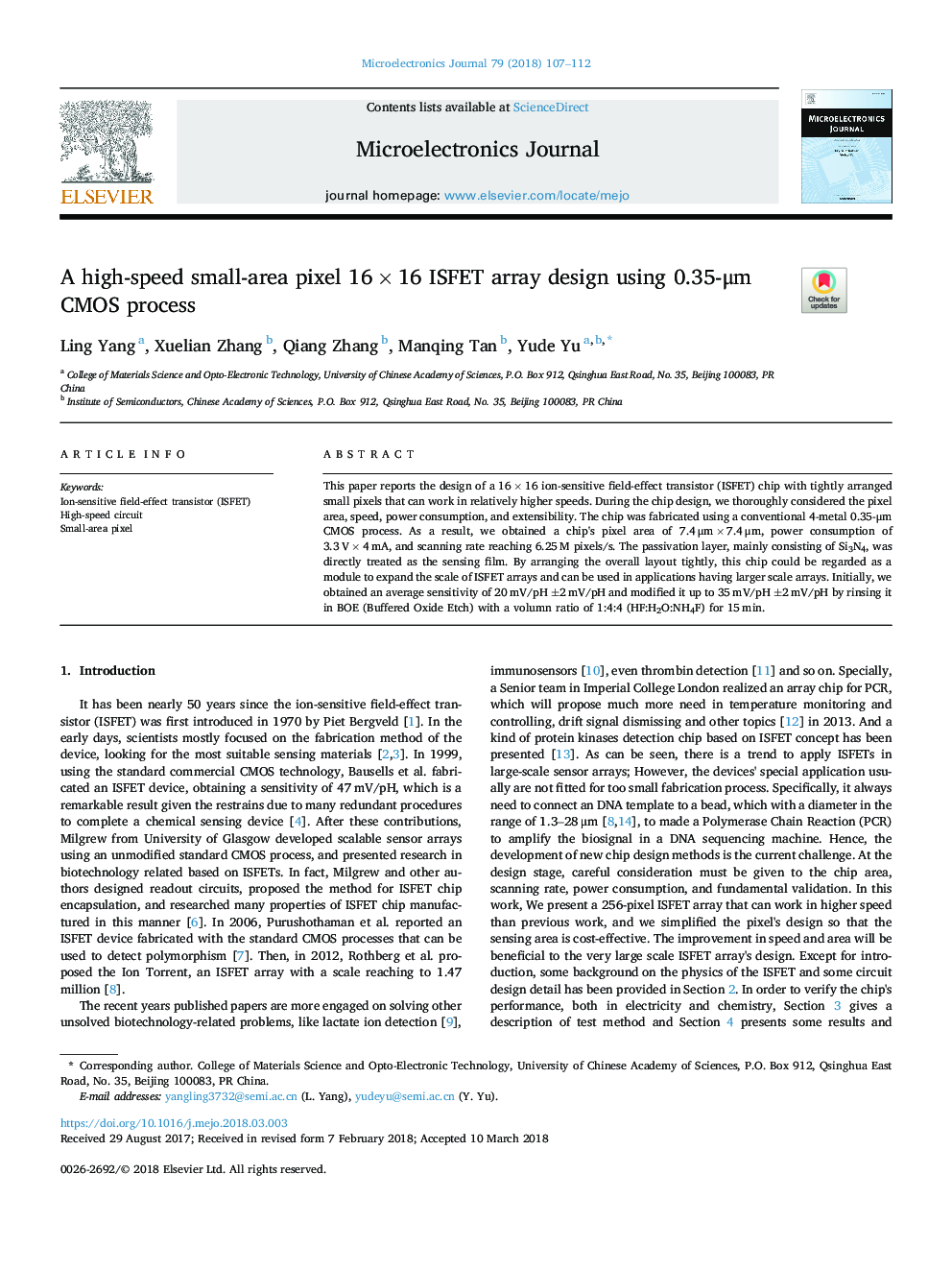 عکس صفحه اول مقاله: A high-speed small-area pixel 16â¯Ãâ¯16 ISFET array design using 0.35-μm CMOS process A high-speed small-area pixel 16â¯Ãâ¯16 ISFET array design using 0.35-μm CMOS process