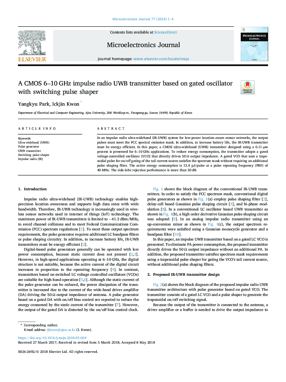 A CMOS 6-10â¯GHz impulse radio UWB transmitter based on gated oscillator with switching pulse shaper