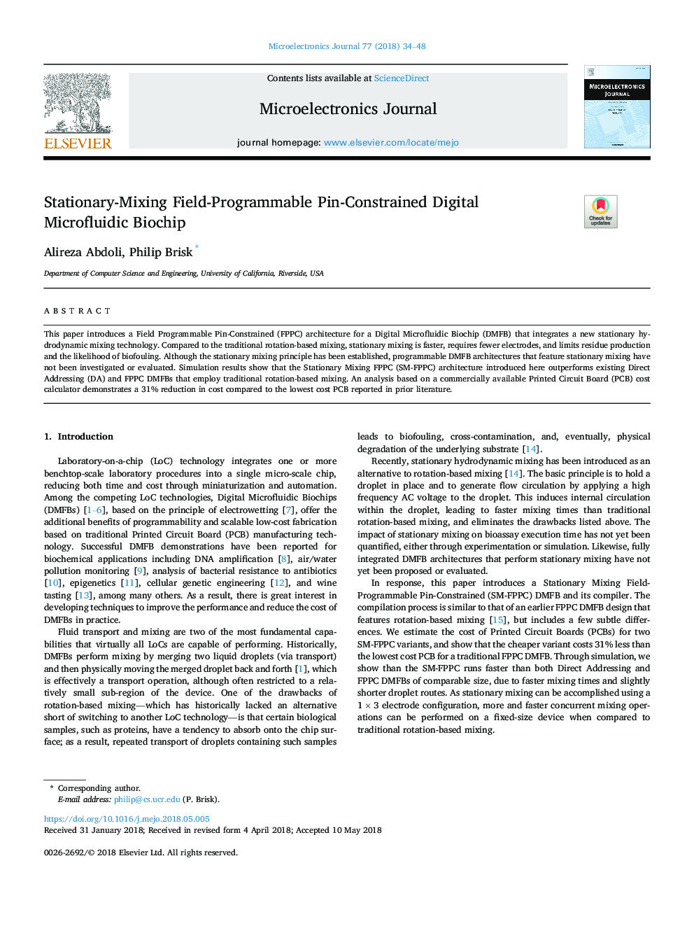عکس صفحه اول مقاله: Stationary-Mixing Field-Programmable Pin-Constrained Digital Microfluidic Biochip Stationary-Mixing Field-Programmable Pin-Constrained Digital Microfluidic Biochip
