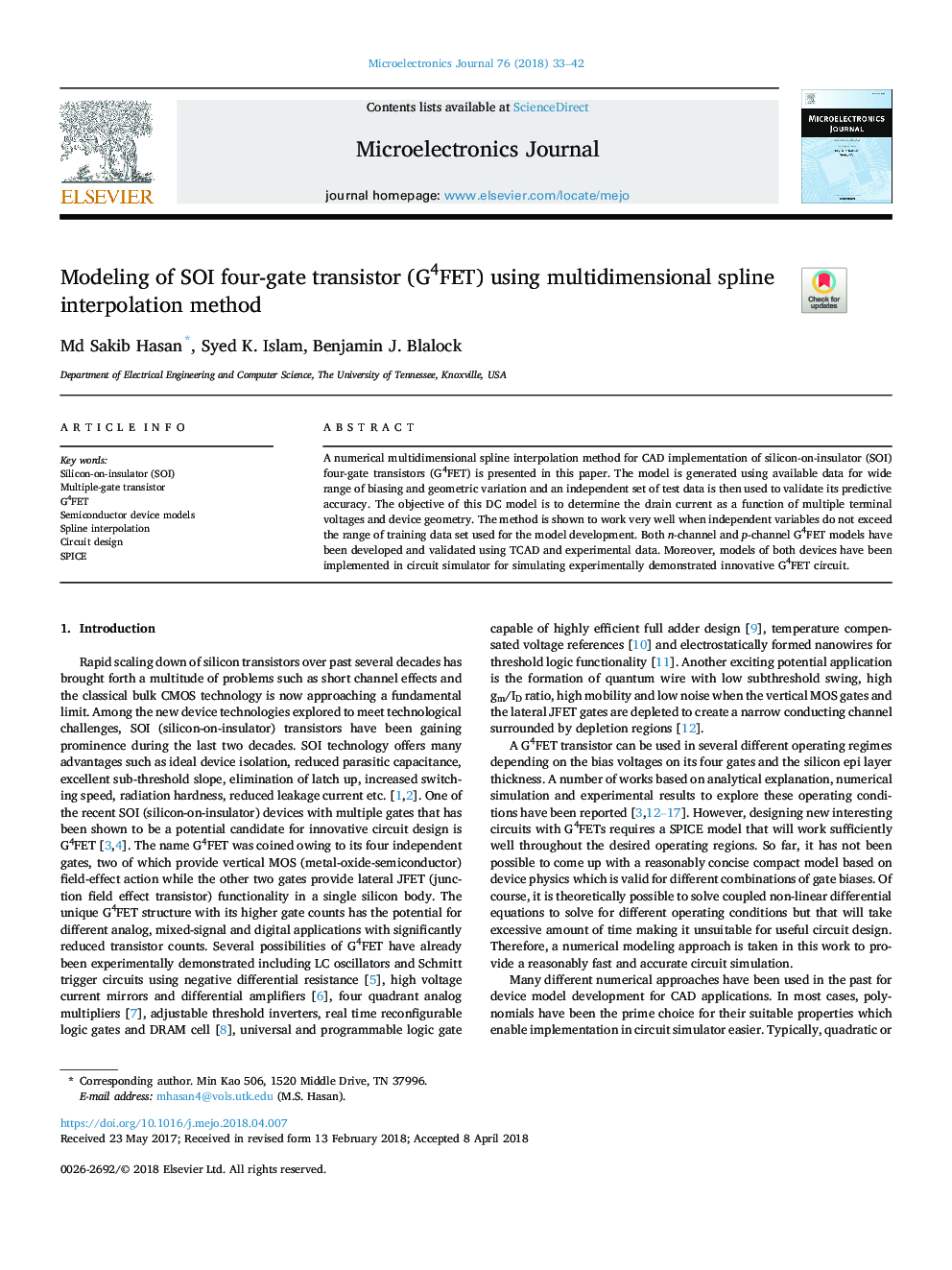 Modeling of SOI four-gate transistor (G4FET) using multidimensional spline interpolation method