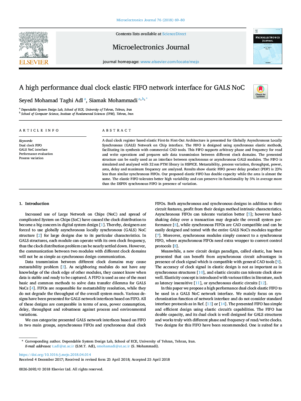 A high performance dual clock elastic FIFO network interface for GALS NoC