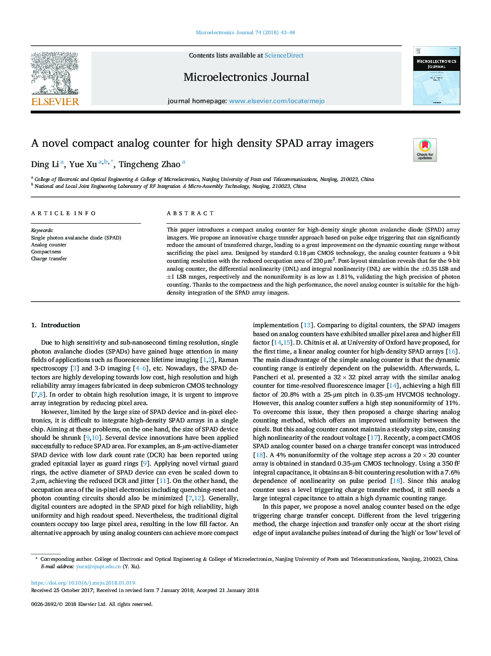 A novel compact analog counter for high density SPAD array imagers