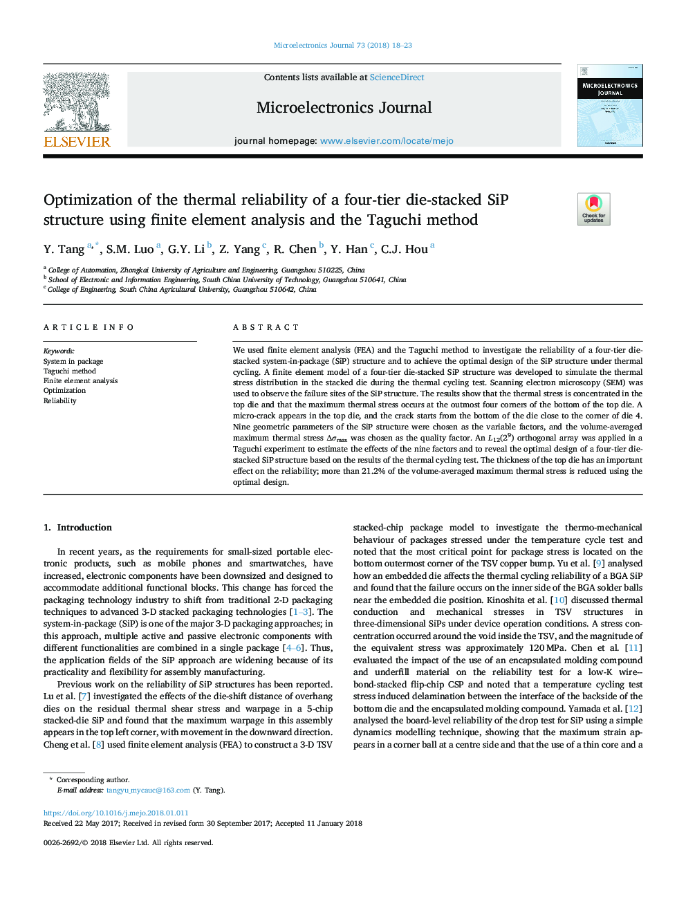 Optimization of the thermal reliability of a four-tier die-stacked SiP structure using finite element analysis and the Taguchi method