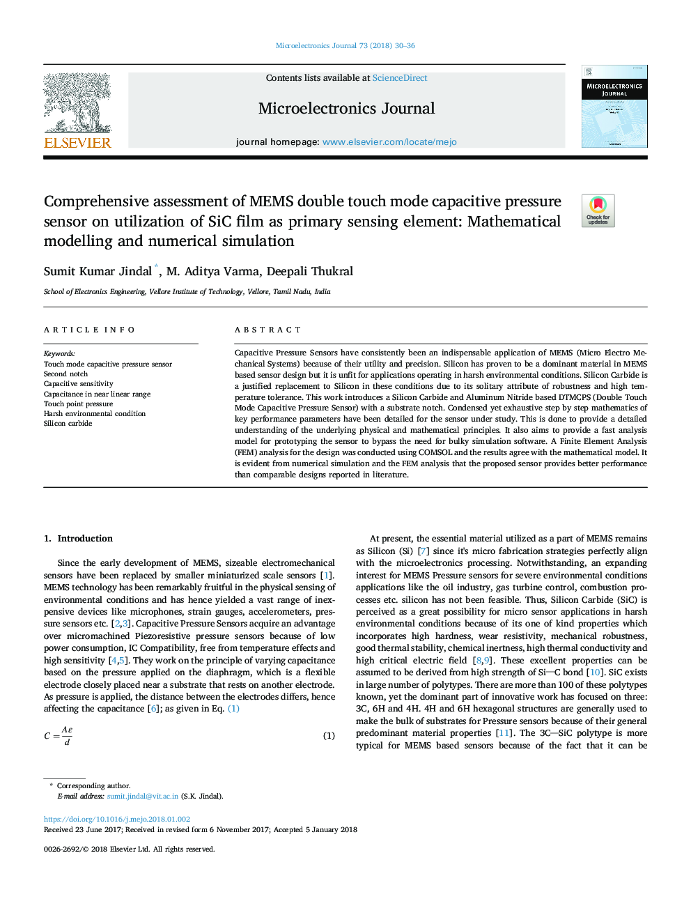 Comprehensive assessment of MEMS double touch mode capacitive pressure sensor on utilization of SiC film as primary sensing element: Mathematical modelling and numerical simulation