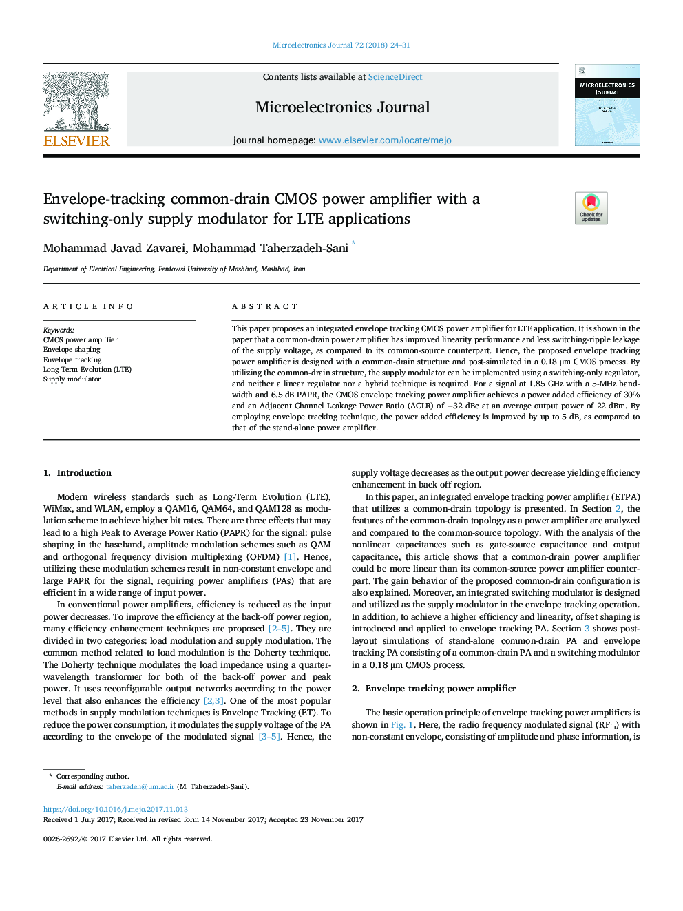عکس صفحه اول مقاله: Envelope-tracking common-drain CMOS power amplifier with a switching-only supply modulator for LTE applications Envelope-tracking common-drain CMOS power amplifier with a switching-only supply modulator for LTE applications