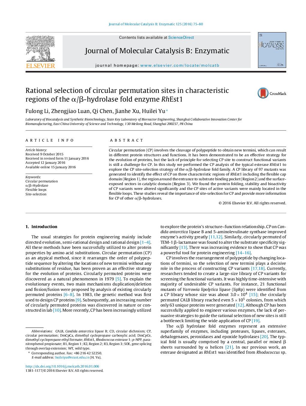 Rational selection of circular permutation sites in characteristic regions of the α/β-hydrolase fold enzyme RhEst1