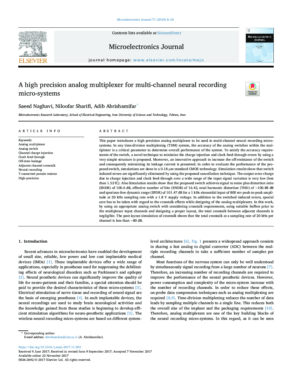 A high precision analog multiplexer for multi-channel neural recording micro-systems