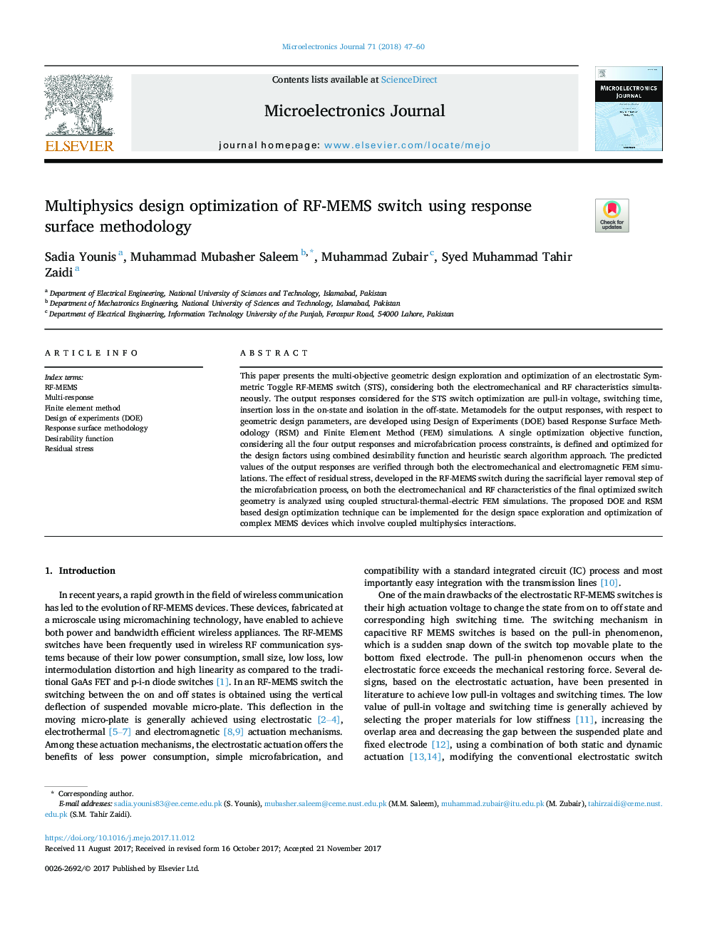 Multiphysics design optimization of RF-MEMS switch using response surface methodology
