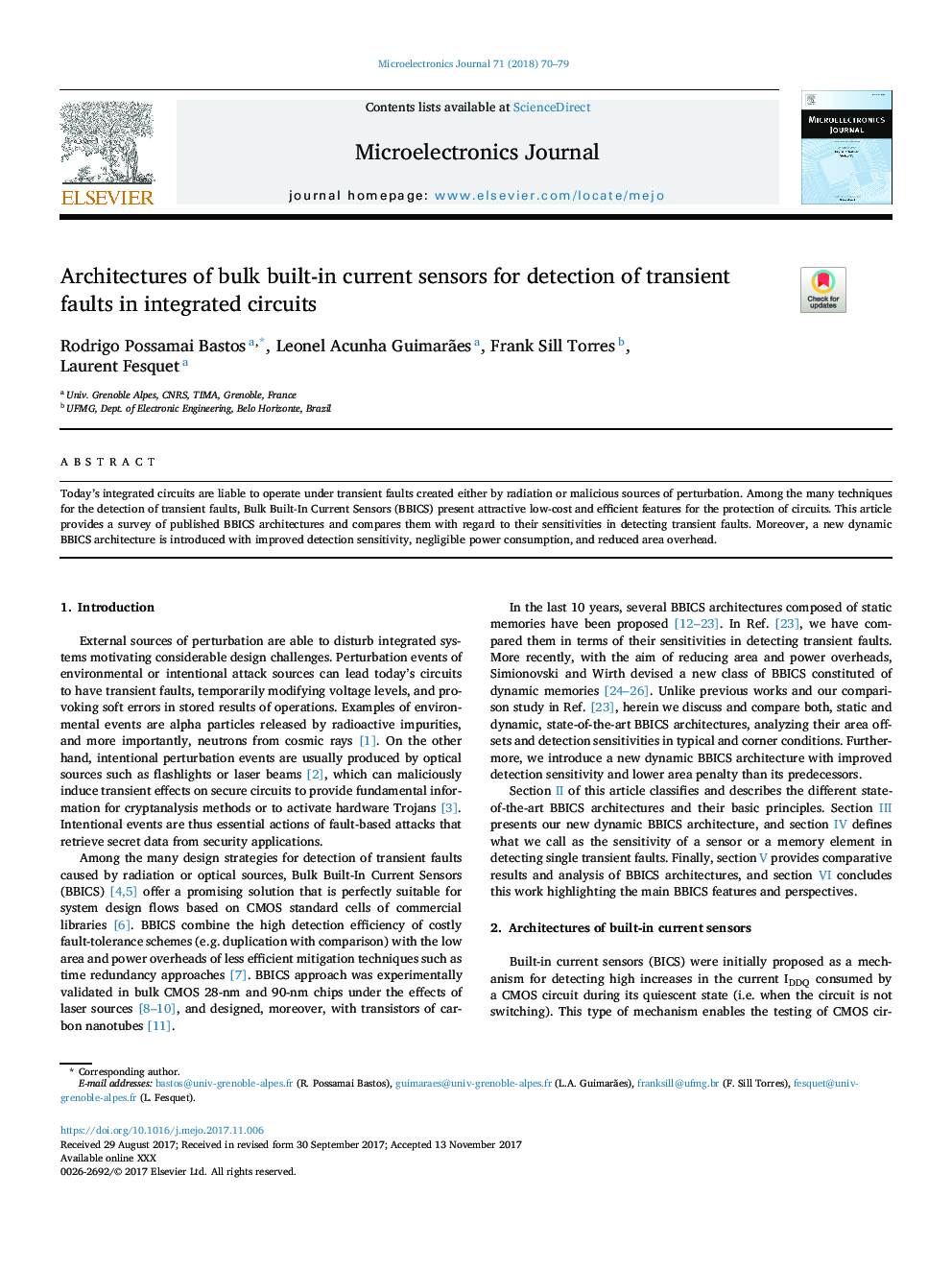 Architectures of bulk built-in current sensors for detection of transient faults in integrated circuits