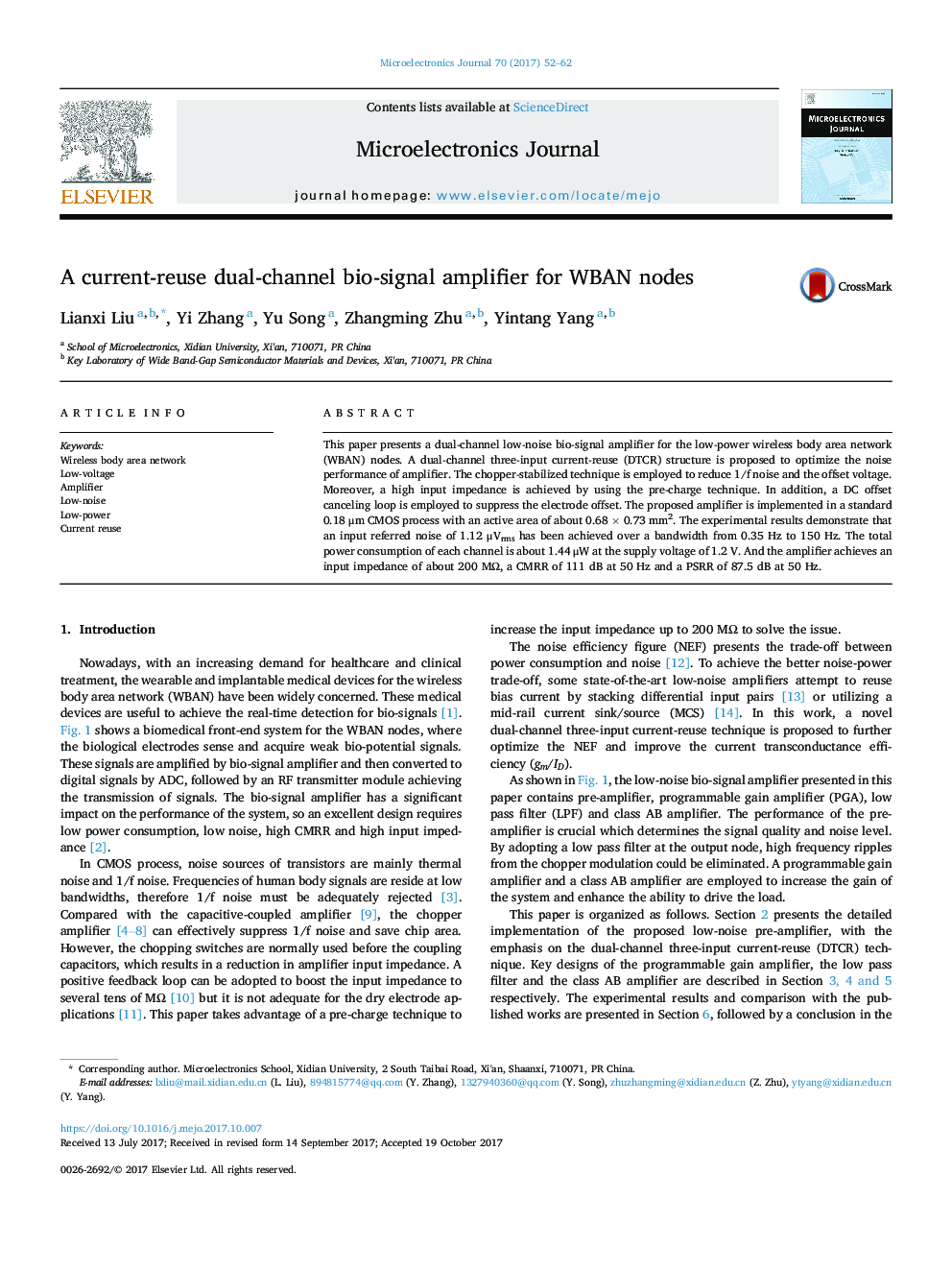 A current-reuse dual-channel bio-signal amplifier for WBAN nodes