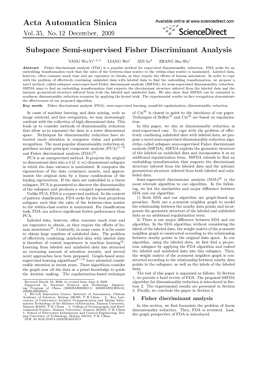 Subspace Semi-supervised Fisher Discriminant Analysis 