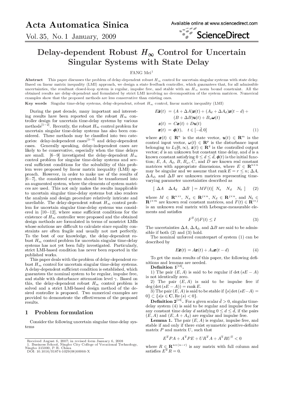 Delay-dependent Robust H∞ Control for Uncertain Singular Systems with State Delay