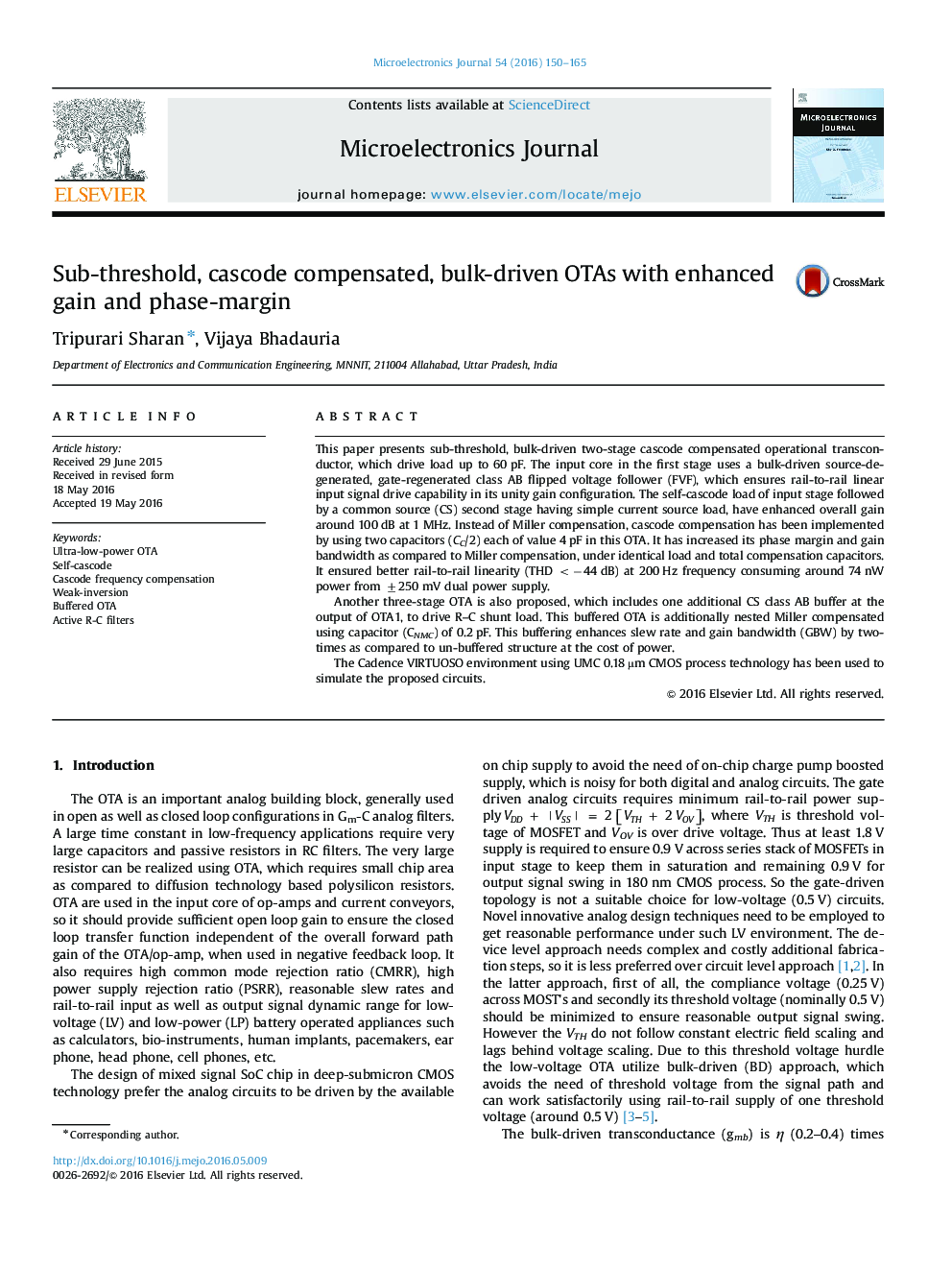 Sub-threshold, cascode compensated, bulk-driven OTAs with enhanced gain and phase-margin