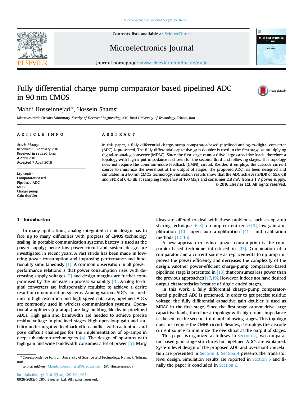 Fully differential charge-pump comparator-based pipelined ADC in 90Â nm CMOS