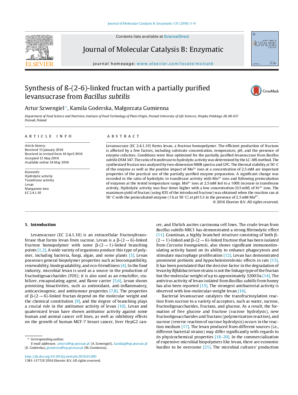 Synthesis of ß-(2-6)-linked fructan with a partially purified levansucrase from Bacillus subtilis