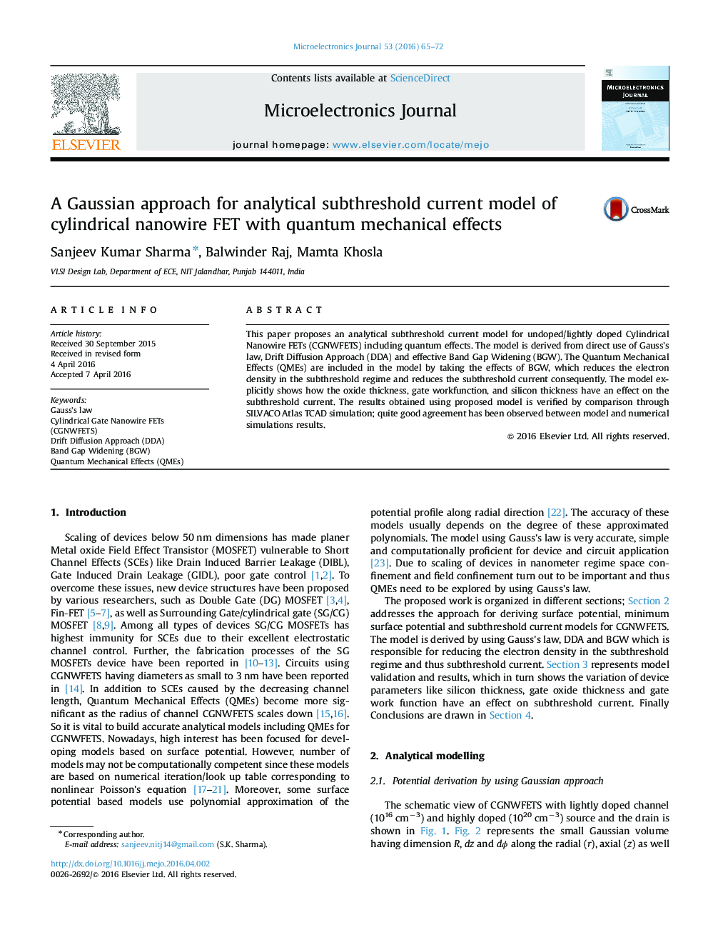 عکس صفحه اول مقاله: A Gaussian approach for analytical subthreshold current model of cylindrical nanowire FET with quantum mechanical effects A Gaussian approach for analytical subthreshold current model of cylindrical nanowire FET with quantum mechanical effects