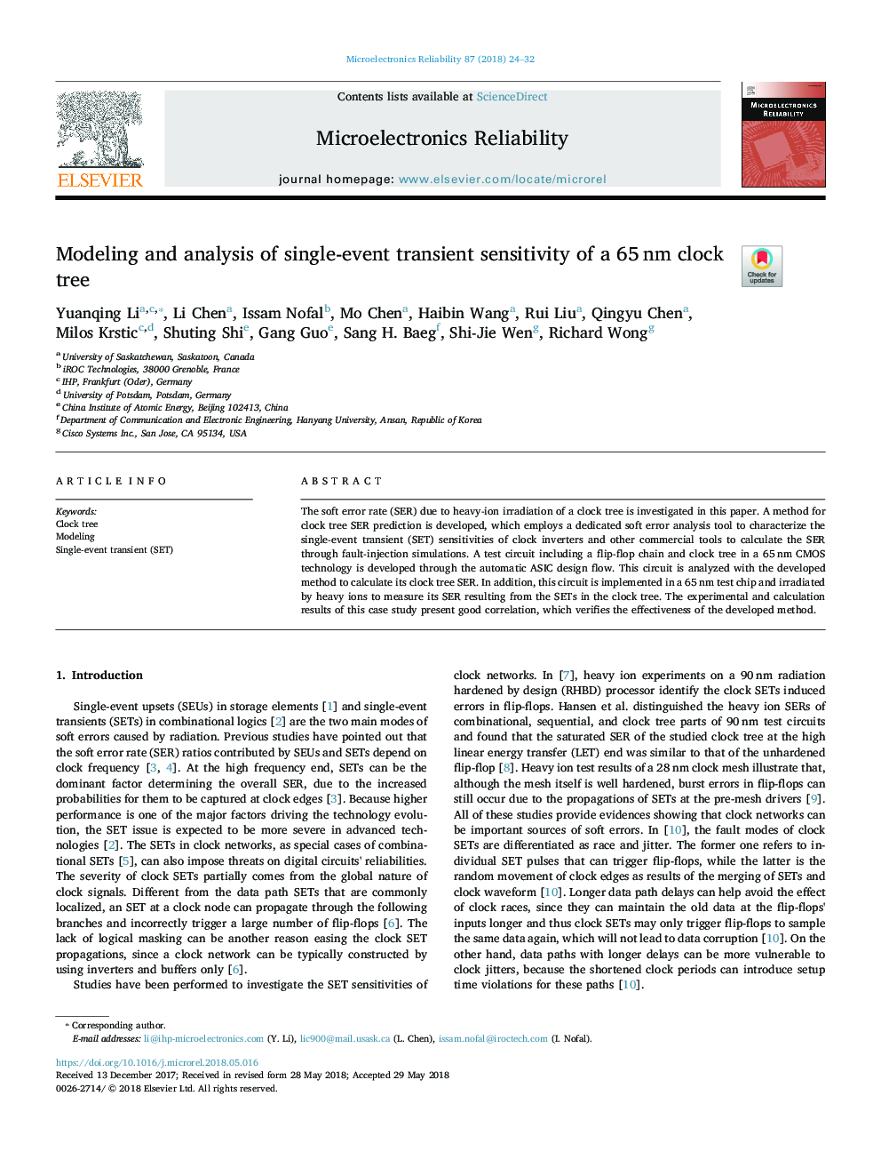 Modeling and analysis of single-event transient sensitivity of a 65â¯nm clock tree