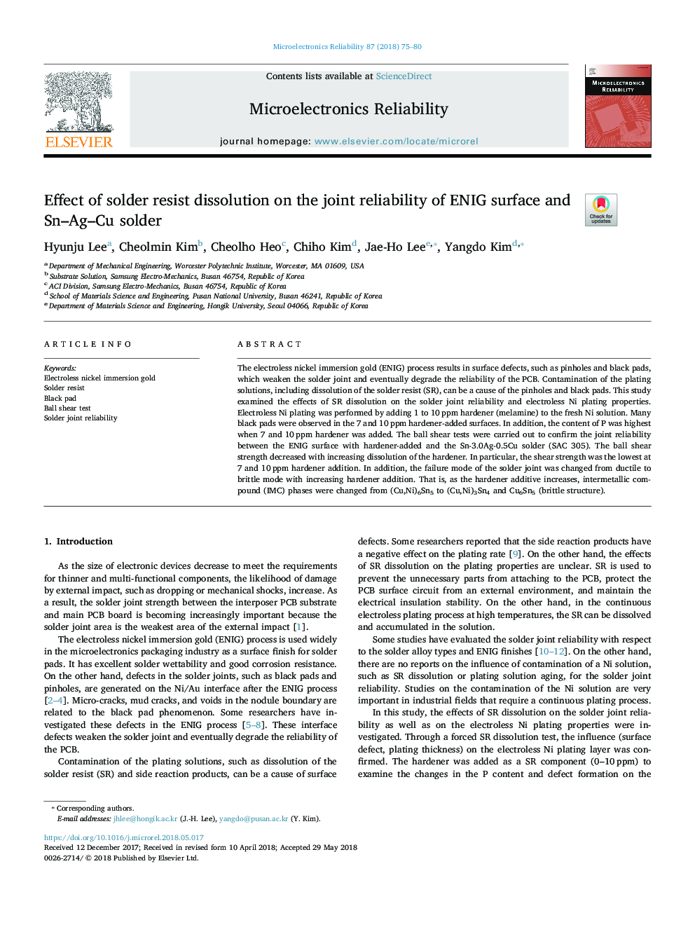 Effect of solder resist dissolution on the joint reliability of ENIG surface and Sn-Ag-Cu solder