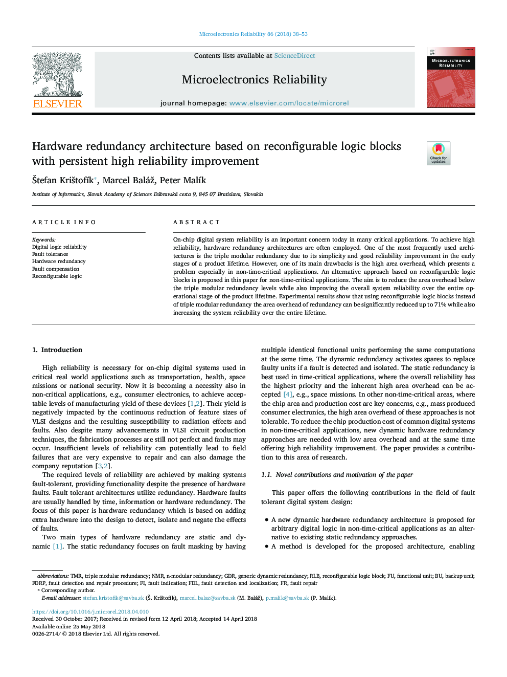 Hardware redundancy architecture based on reconfigurable logic blocks with persistent high reliability improvement