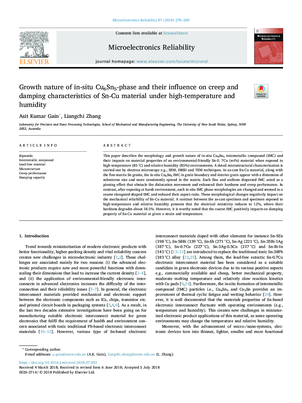 Growth nature of in-situ Cu6Sn5-phase and their influence on creep and damping characteristics of Sn-Cu material under high-temperature and humidity