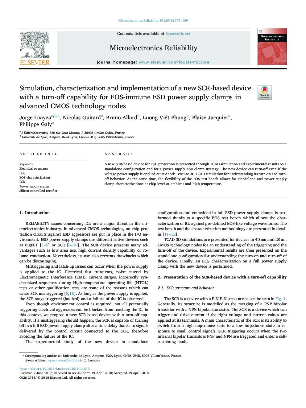 Simulation, characterization and implementation of a new SCR-based device with a turn-off capability for EOS-immune ESD power supply clamps in advanced CMOS technology nodes