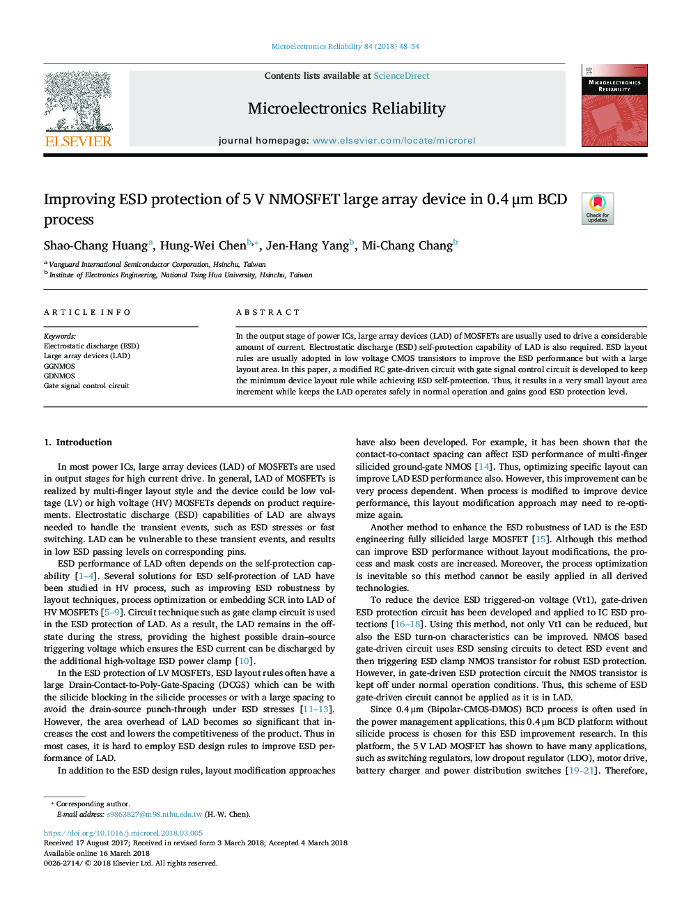 عکس صفحه اول مقاله: Improving ESD protection of 5â¯V NMOSFET large array device in 0.4â¯Î¼m BCD process Improving ESD protection of 5â¯V NMOSFET large array device in 0.4â¯Î¼m BCD process