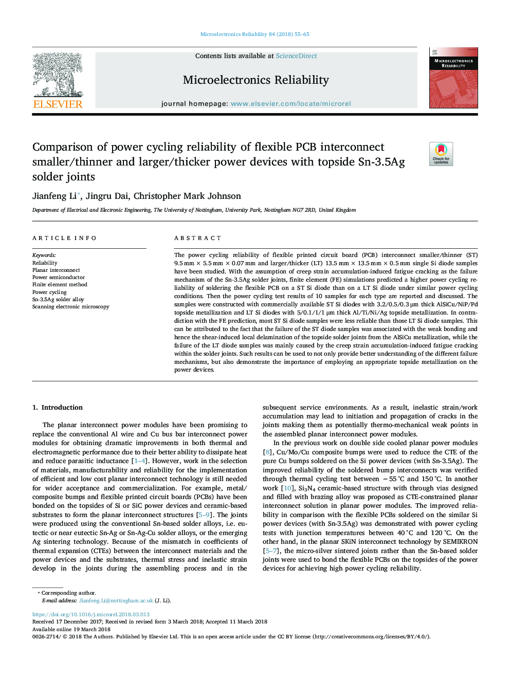 Comparison of power cycling reliability of flexible PCB interconnect smaller/thinner and larger/thicker power devices with topside Sn-3.5Ag solder joints