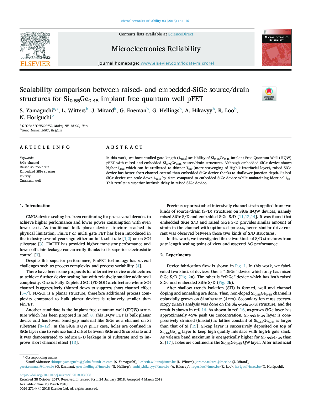 Scalability comparison between raised- and embedded-SiGe source/drain structures for Si0.55Ge0.45 implant free quantum well pFET