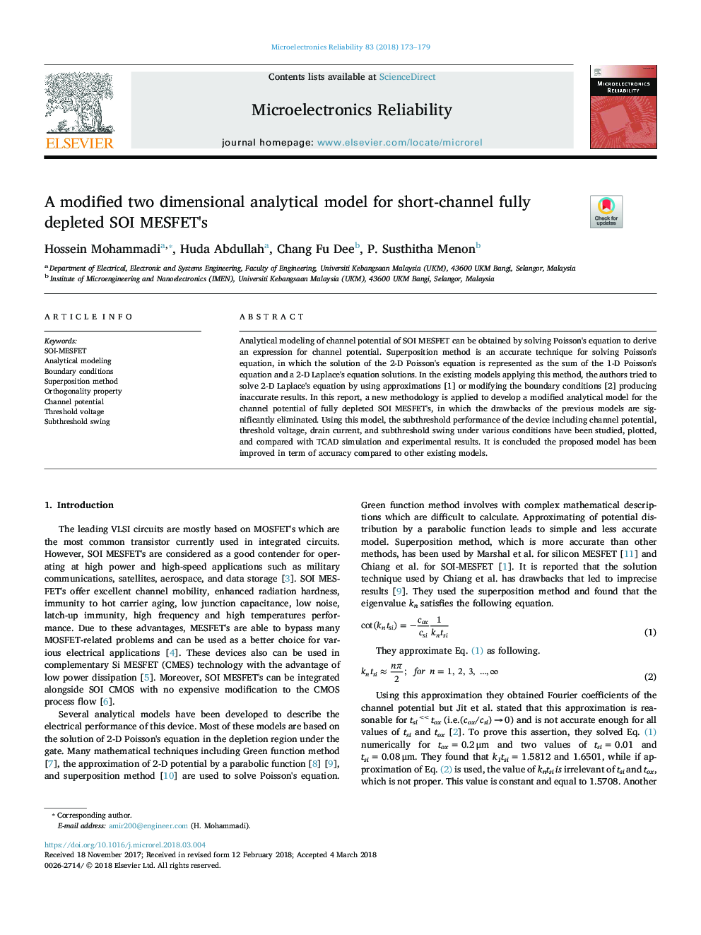 A modified two dimensional analytical model for short-channel fully depleted SOI MESFET's