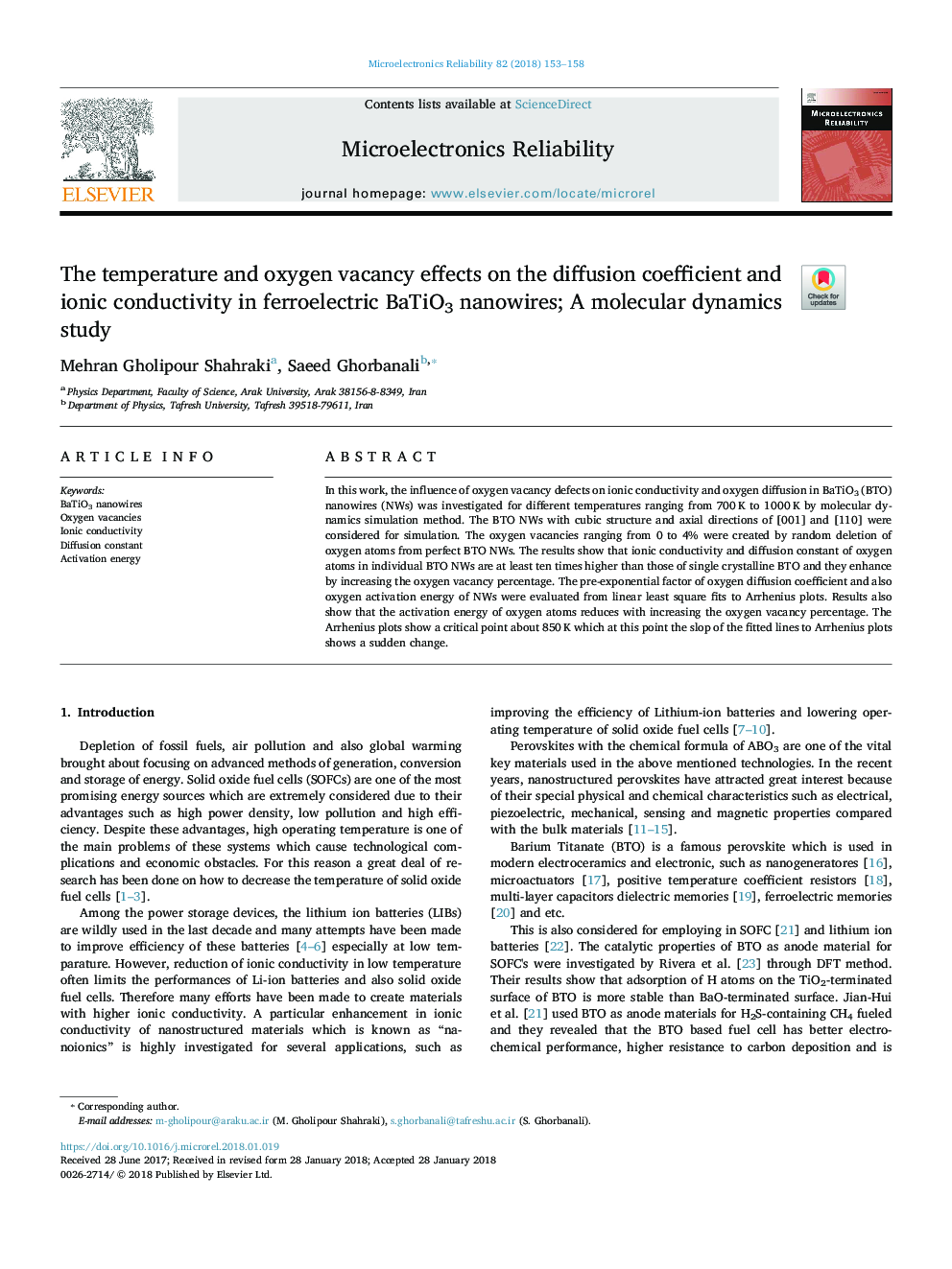 The temperature and oxygen vacancy effects on the diffusion coefficient and ionic conductivity in ferroelectric BaTiO3 nanowires; A molecular dynamics study